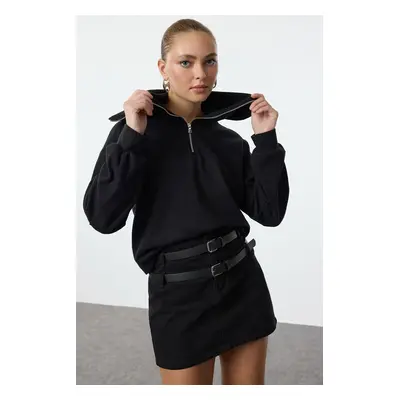 Trendyol Black Thessaloniki/Knitwear Look Zippered Collar Regular/Normal Pattern Knitted Sweatsh