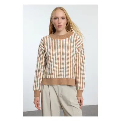 Trendyol Camel Basic Striped Knitwear Sweater