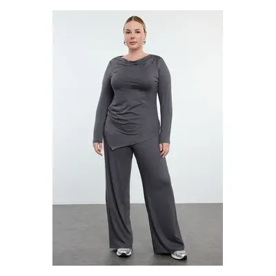 Trendyol Curve Anthracite Premium Boat Neck Knitted Plus Size Bottom Top Set