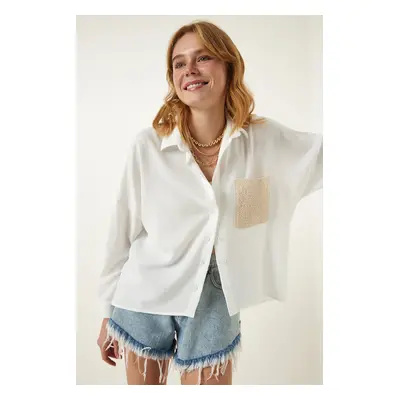 Happiness İstanbul Women's Ecru Lace Detailed Linen Shirt