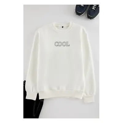 Trendyol White Regular Cut Puffy Text Printed Inside Polar Fleece Sweatshirt