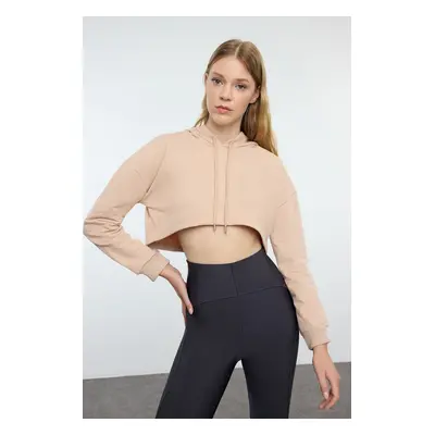 Trendyol Dark Beige Super Crop Hooded Knitted Sports Sweatshirt