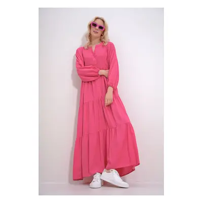 Trend Alaçatı Stili Women's Fuchsia Crew Neck Buttoned Flounced Skirt Gathered Viscose Dress