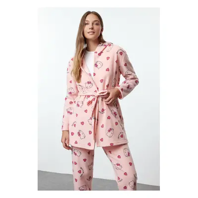 Trendyol Hello Kitty Licensed Pink-Multicolor Belted Fleece Winter Knitted Dressing Gown