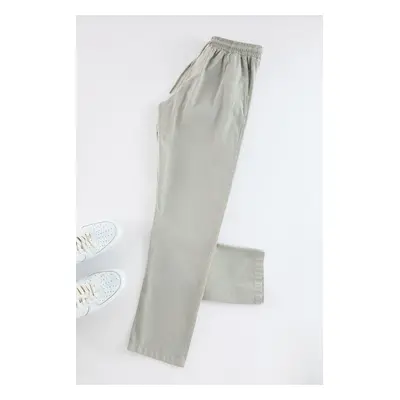 Trendyol Stone Regular Fit Elastic Waist Raw Fabric 100% Cotton Trousers