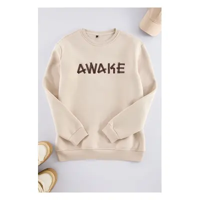 Trendyol Stone Oversize/Wide Cut Fleece Inside/Warm Text Embroidered Sweatshirt