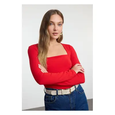 Trendyol Red Square Neck Gather/Drape Detailed Slim/Fitting Knitted Blouse