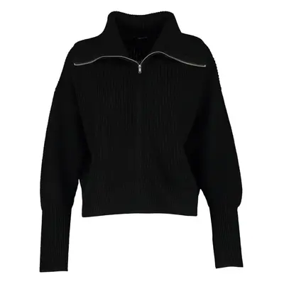 Trendyol Curve Black Turn-down Collar Zippered Crop Knitwear Cardigan