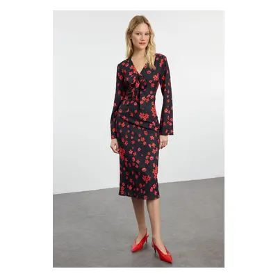 Trendyol Red Floral Patterned A-Line Tie Detailed V-Neck Midi Satin Woven Dress