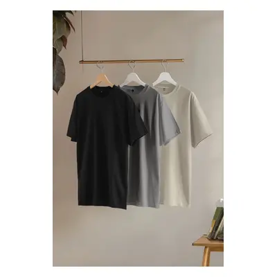 Trendyol Black-Stone-Anthracite Large Size 3-Pack Regular Cut 100% Cotton T-Shirt