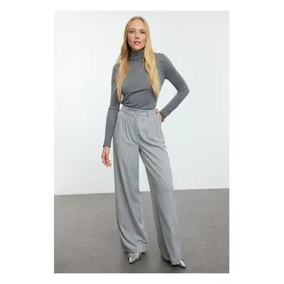 Trendyol Grey Glitter Striped Wide Leg/Wide Leg Fabric Trousers