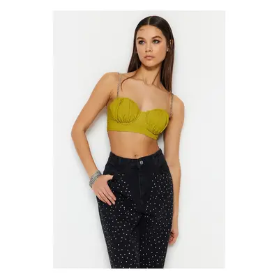 Trendyol Light Green Crop Lined Woven Shiny Stone Bustier