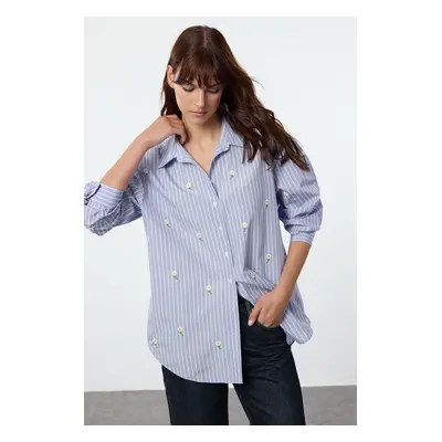 Trendyol Light Blue Daisy Print Detailed Oversize Wide Fit Shirt