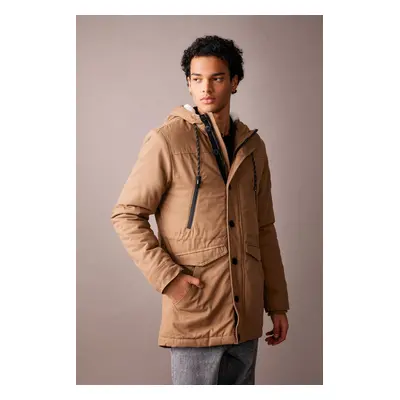 DEFACTO Slim Fit Slim Cut Hooded Plush Lining Zippered Snap Closure Pocket Coat Parka