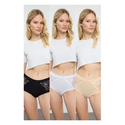 Trendyol Black-White-Skin 3-Pack Cotton Lace Hipster Knitted Panties