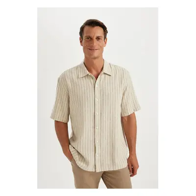 : DEFACTO Relax Fit Polo Collar Striped Linen Short Sleeve Shirt