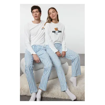 Trendyol Men's Ecru Regular Fit Striped Couple/Double Knitted 100% Cotton Pajama Set