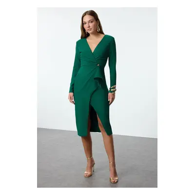 Trendyol Emerald Green Accessory Detail Woven Chic Midi Evening Dress