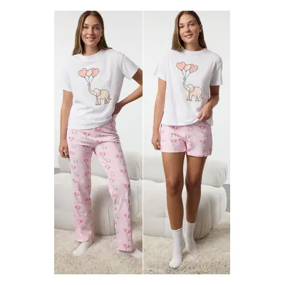 Trendyol White 3-Pack 100% Cotton Elephant and Heart Patterned Knitted Pajama Set