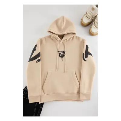 Trendyol Beige Regular/Normal Cut Back Printed Hooded Polar Fleece/Warm Sweatshirt