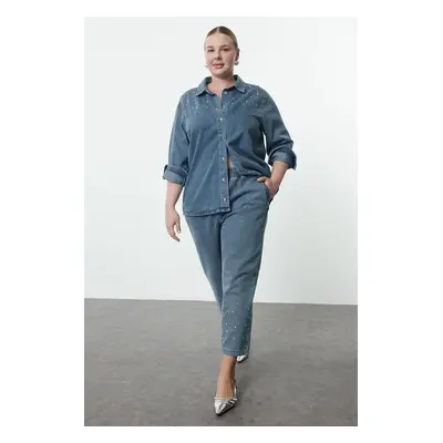 Trendyol Curve Light Blue Stoned Plus Size Denim Shirt