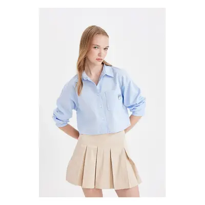 DEFACTO Cool Oversize Shirt Collar Plain Basic Pocket Oxford Long Sleeve Crop Shirt