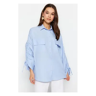 Trendyol Light Blue Woven Cotton Shirt with Adjustable Gathering Detail on Sleeves