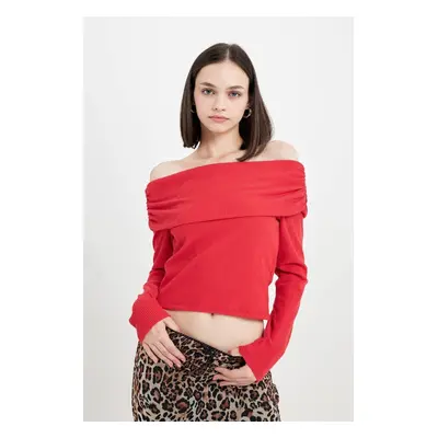 DEFACTO Fitted Bodycon Off Shoulder Ribbed Camisole Red Long Sleeve T-Shirt