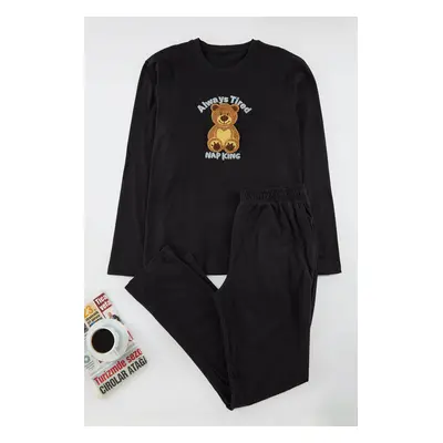 Trendyol Men's Black Teddy Bear Embroidered Regular Fit Knitted Pajama Set