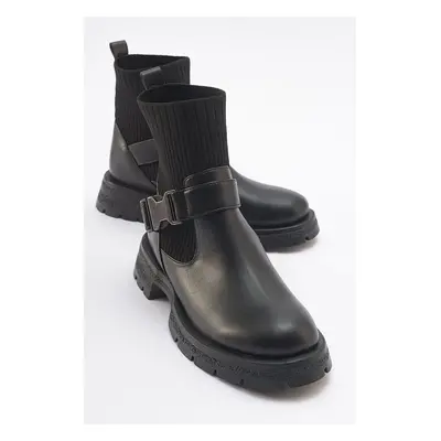 LuviShoes VALON Black Women's Boots with Buckle Knitwear and Detail.