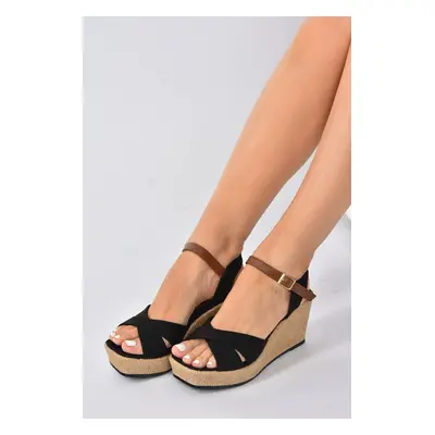 Fox Shoes Black Linen Wedge Heeled Shoes