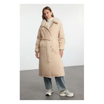 Trendyol Mink Oversize Molded Collar Plush Detail Belted Water Repellent Long Parka Puffer Coat