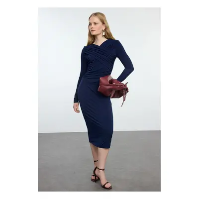 Trendyol Navy Blue Ruffle/Drape Detailed Fitted Long Sleeve Flexible Knitted Dress