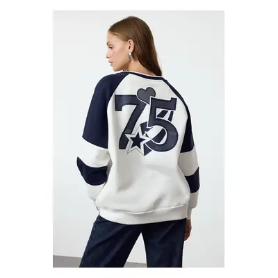 Trendyol Ecru Color Blocked Front Back Printed Oversize Pattern Raglan Sleeve Knitted Sweatshirt