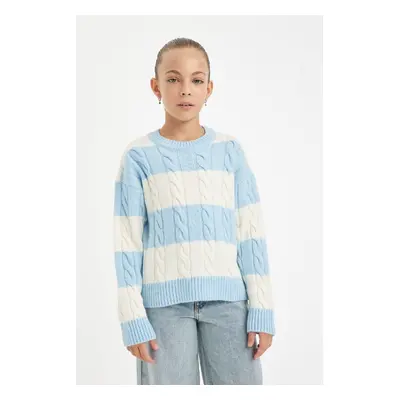 DEFACTO Girl Light Blue Striped Regular Fit Crew Neck Hair Knitted Sweater