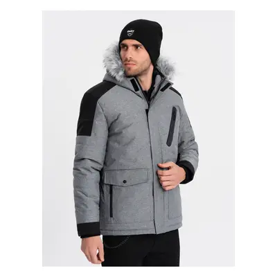 Ombre Men's winter jacket with adjustable hood with detachable fur - grey and black