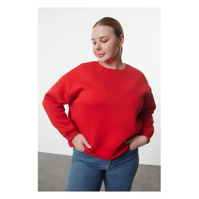 Trendyol Curve Red Oversize/Relaxed Fit Basic Crew Neck Thick/Polar Inside Knitted Sweatshirt