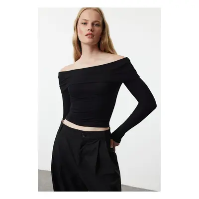 Trendyol Black Carmen Collar Crop/Short Stretchy Knitted Blouse