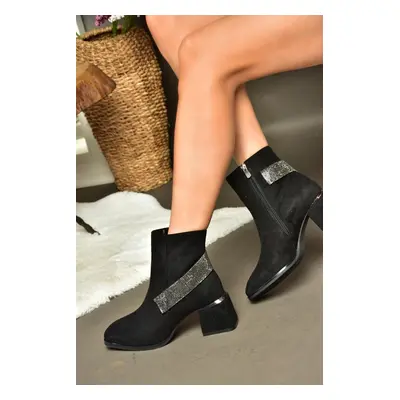 Fox Shoes R241442202 Black Suede Women's Boots with Stones Accessorised, Thick Heels