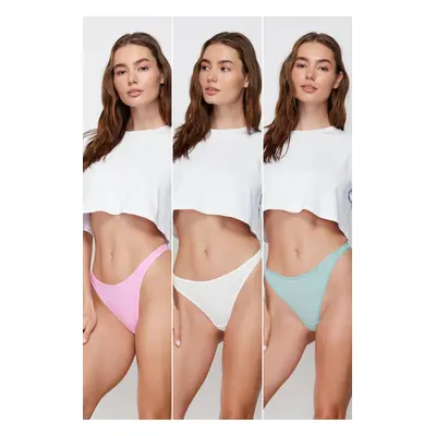 Trendyol Ecru-Pink-Green 3-Pack Cotton Thong Knitted Briefs