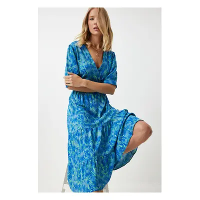 Happiness İstanbul Women's Blue Green Wrap Collar Floral Summer Viscose Dress