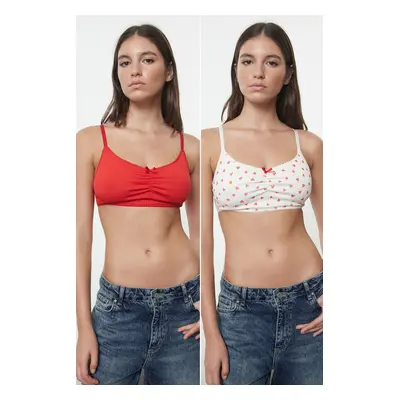 Trendyol Red-White 2-Pack Covered Ribbon/Bow Non-wired Cupless Bralette Knitted Bra