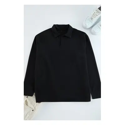 Trendyol Black Oversize Polo Neck Plain Knitted Polo Neck T-shirt