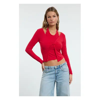 Trendyol Red Fitted Flexible Knitted Blouse with Athlete Look Inside