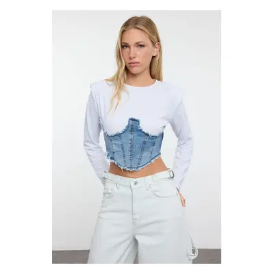 Trendyol Blue Woven Garnished Fitted/Body-Smoothing Knitted Blouse