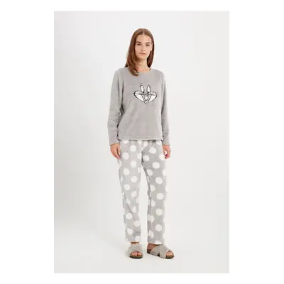 DEFACTO Fall In Love Looney Tunes Pajama Set Welsoft Plush Crew Neck Long Sleeve Top Patterned B