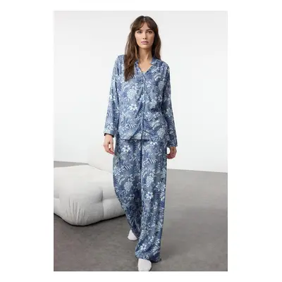 Trendyol Blue-Multicolored Floral Viscose Woven Pajama Set