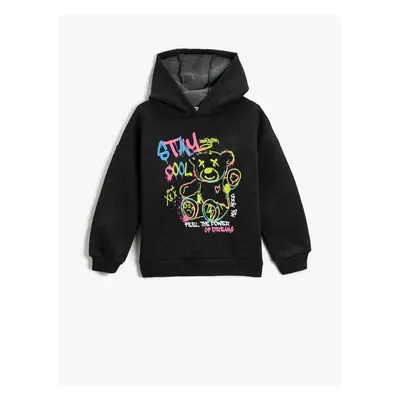 Koton Hooded Sweatshirt Graffiti Teddy Bear Printed Long Sleeve Raising