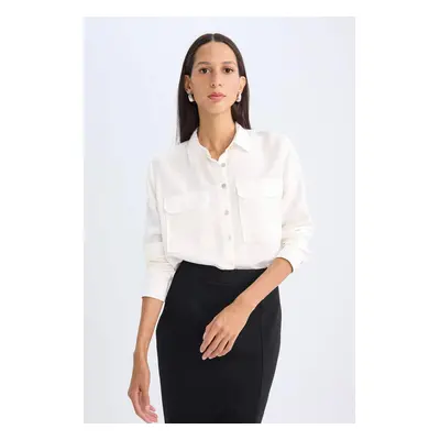 DEFACTO Regular Fit Basic Plain Pocket Textured Long Sleeve White Shirt