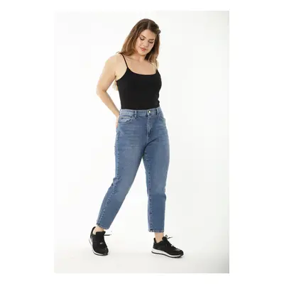 Şans Women's Plus Size Navy Blue Pocket High Waist Denim Trousers